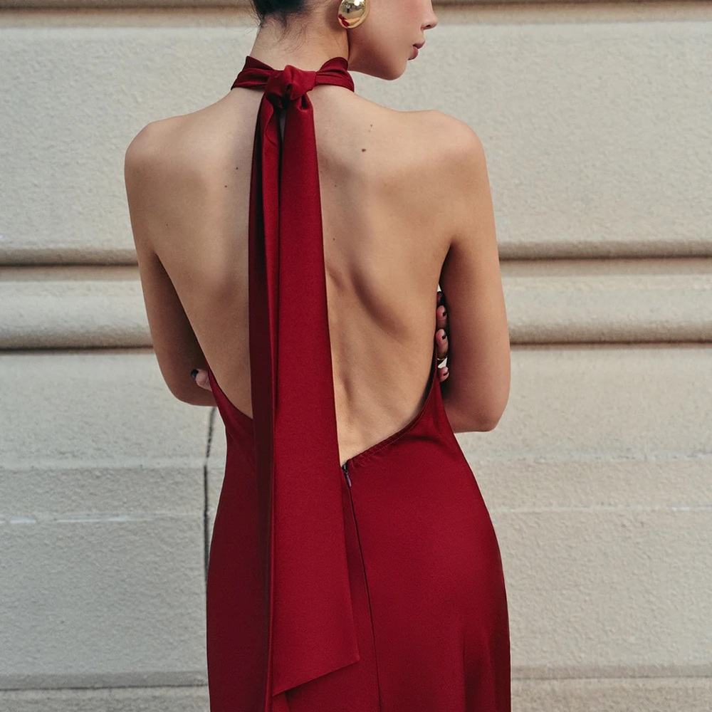 Commense Burgundy Small
Open Back Satin Halter Dress NWT$39 - Picture 2 of 8